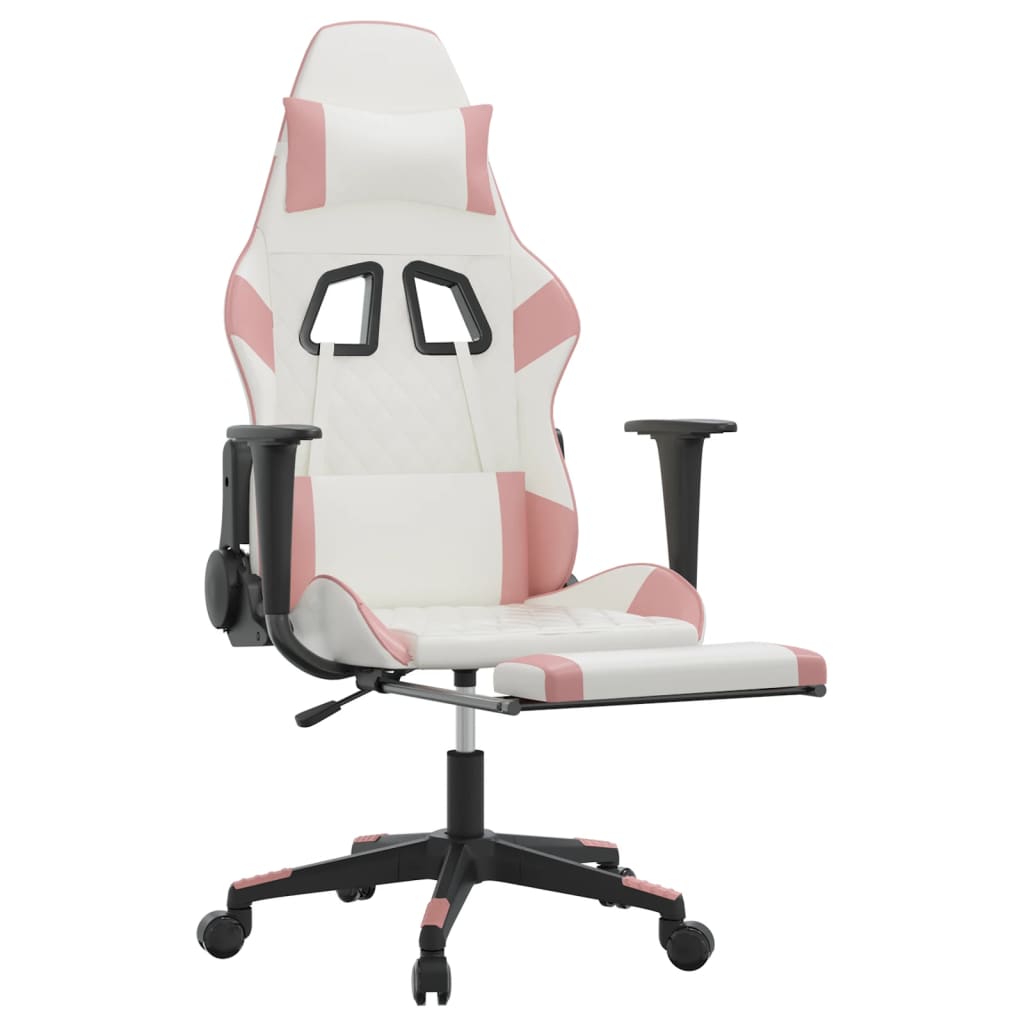 vidaXL Καρέκλα Gaming Μασάζ Υποπόδιο Λευκό & Ροζ από Συνθετικό Δέρμα