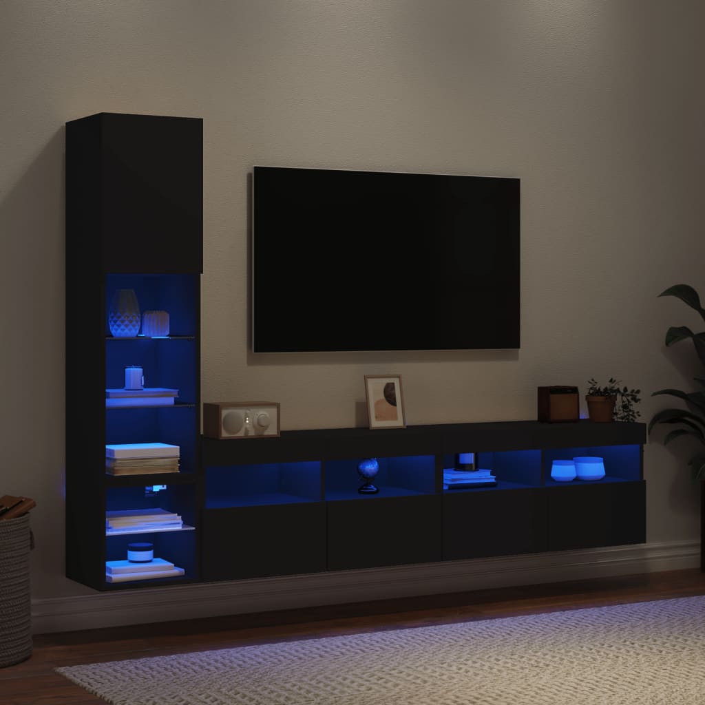 vidaXL Έπιπλα Τοίχου Τηλεόρασης 4 τεμ LED Μαύρα από Επεξεργασμένο Ξύλο
