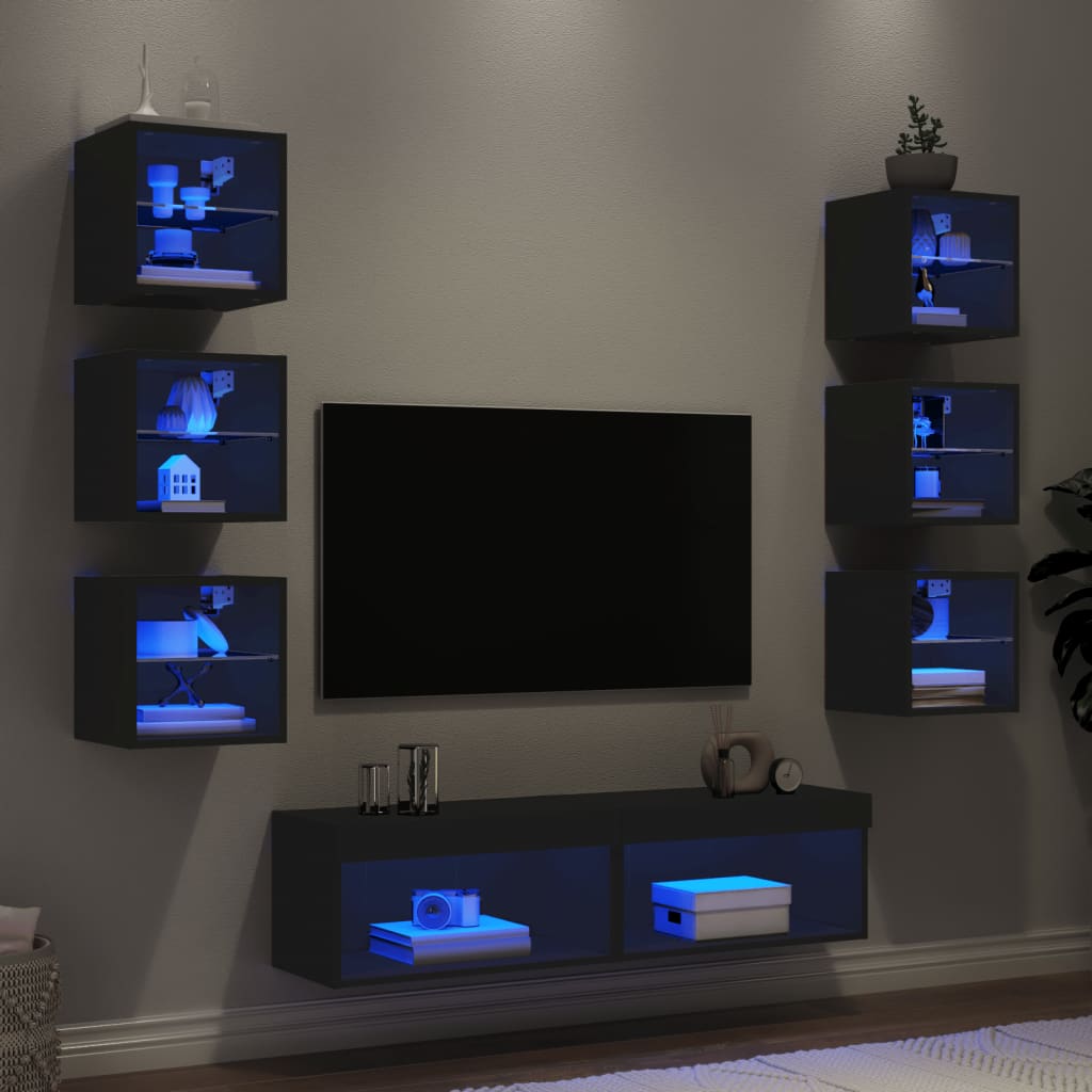 vidaXL Έπιπλα Τοίχου Τηλεόρασης 8 τεμ LED Μαύρα από Επεξεργασμένο Ξύλο