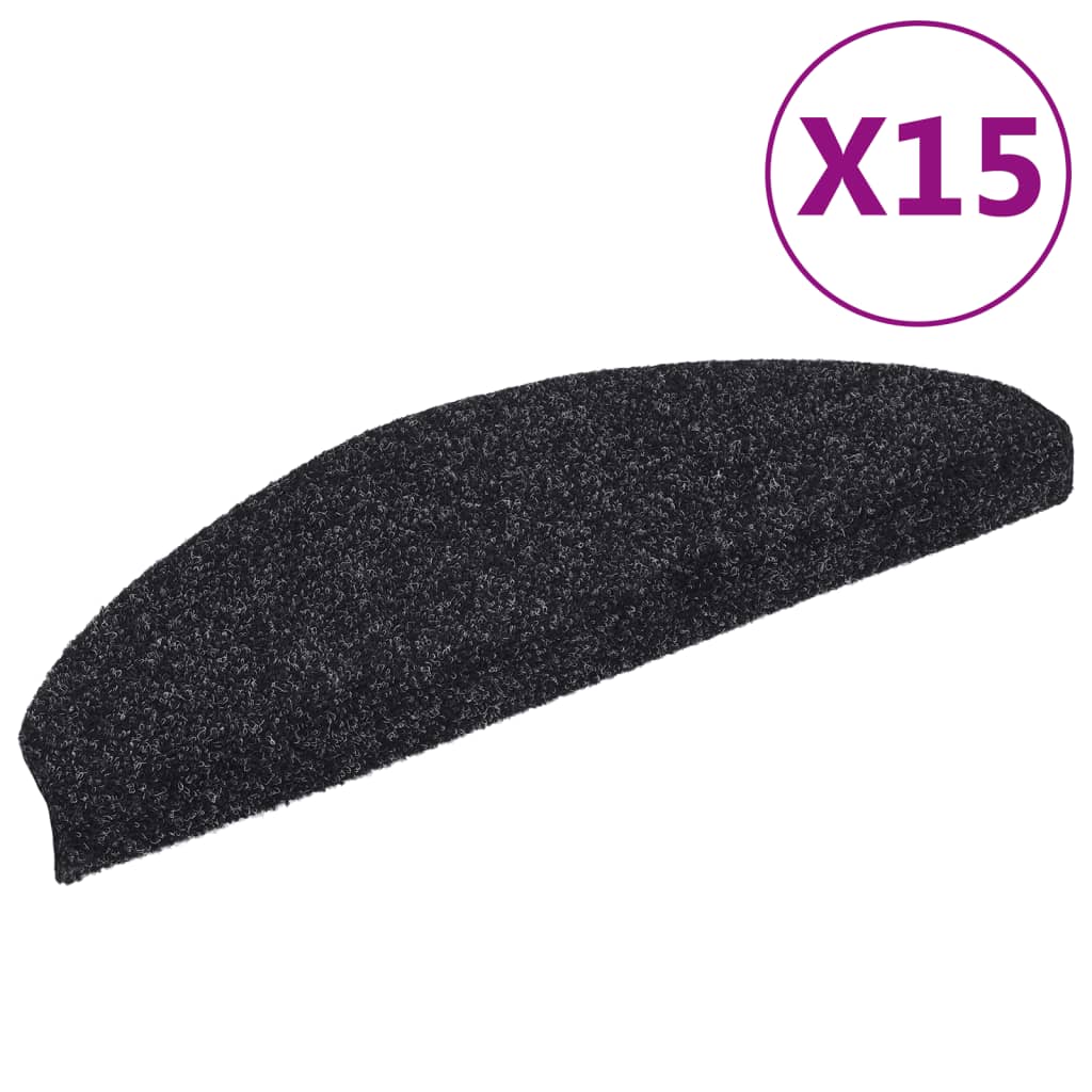 vidaXL Πατάκια Σκάλας Αυτοκόλλητα 15 τεμ Μαύρα 65x21x4εκ. Βελονιασμένο