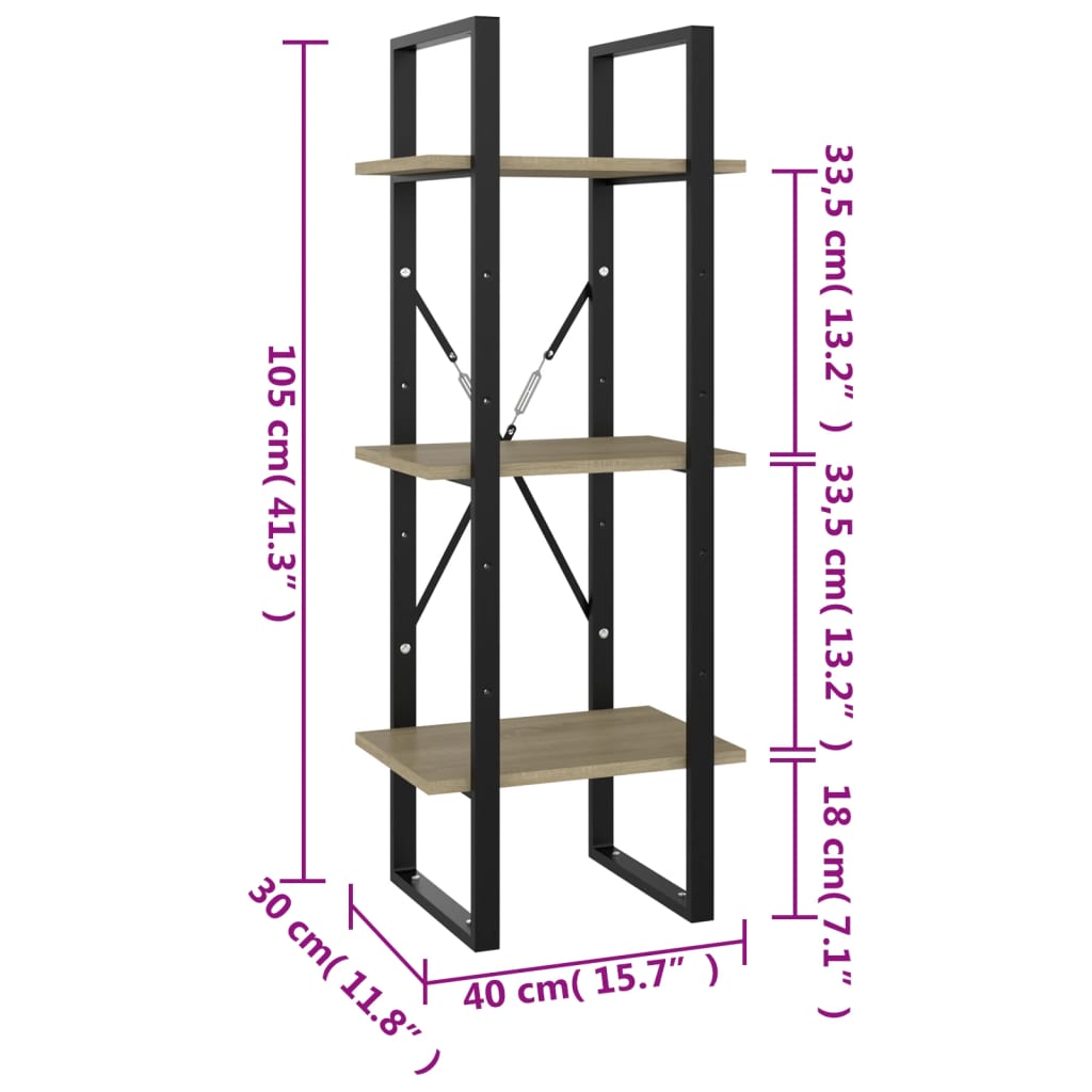 vidaXL Βιβλιοθήκη με 3 Ράφια Sonoma Δρυς 40x30x105 εκ. από Μοριοσανίδα