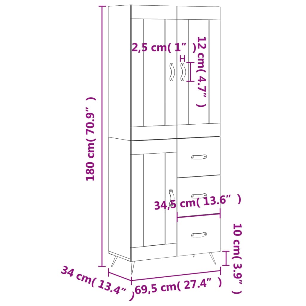 vidaXL Ντουλάπι Λευκό 69,5x34x180 εκ. από Επεξεργασμένο Ξύλο