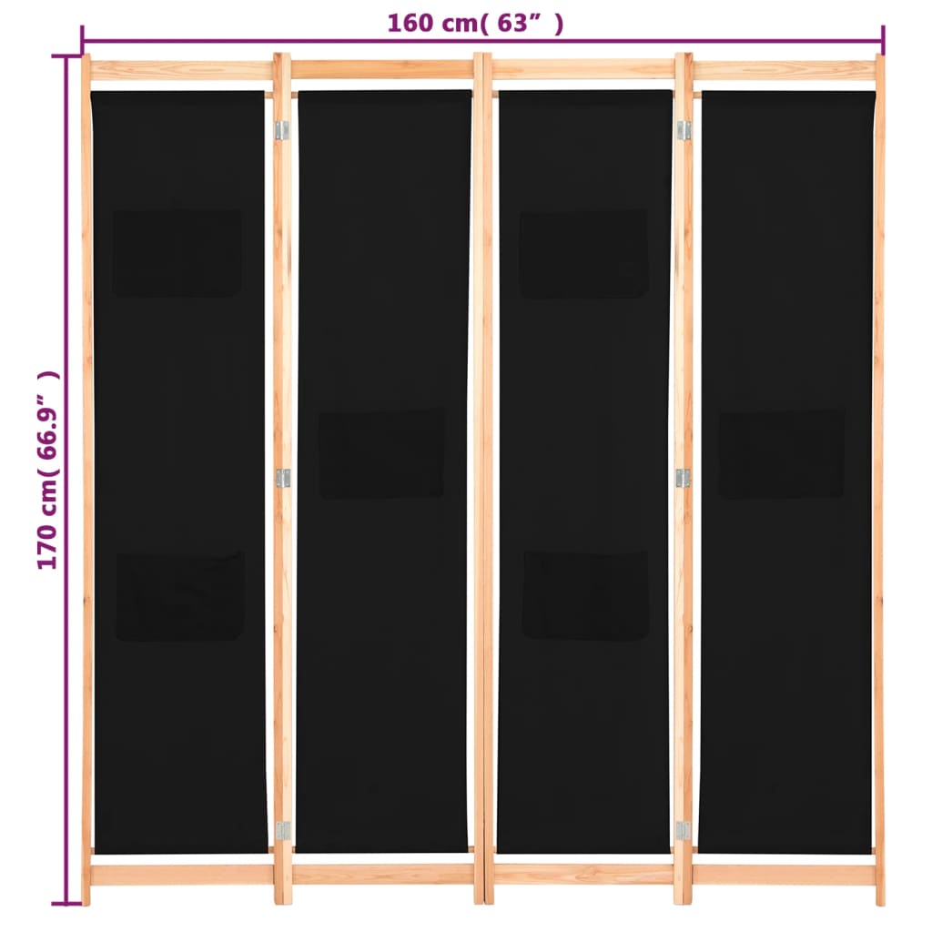 vidaXL Διαχωριστικό Δωματίου με 4 Πάνελ Μαύρο 160x170x4 εκ. Υφασμάτινο