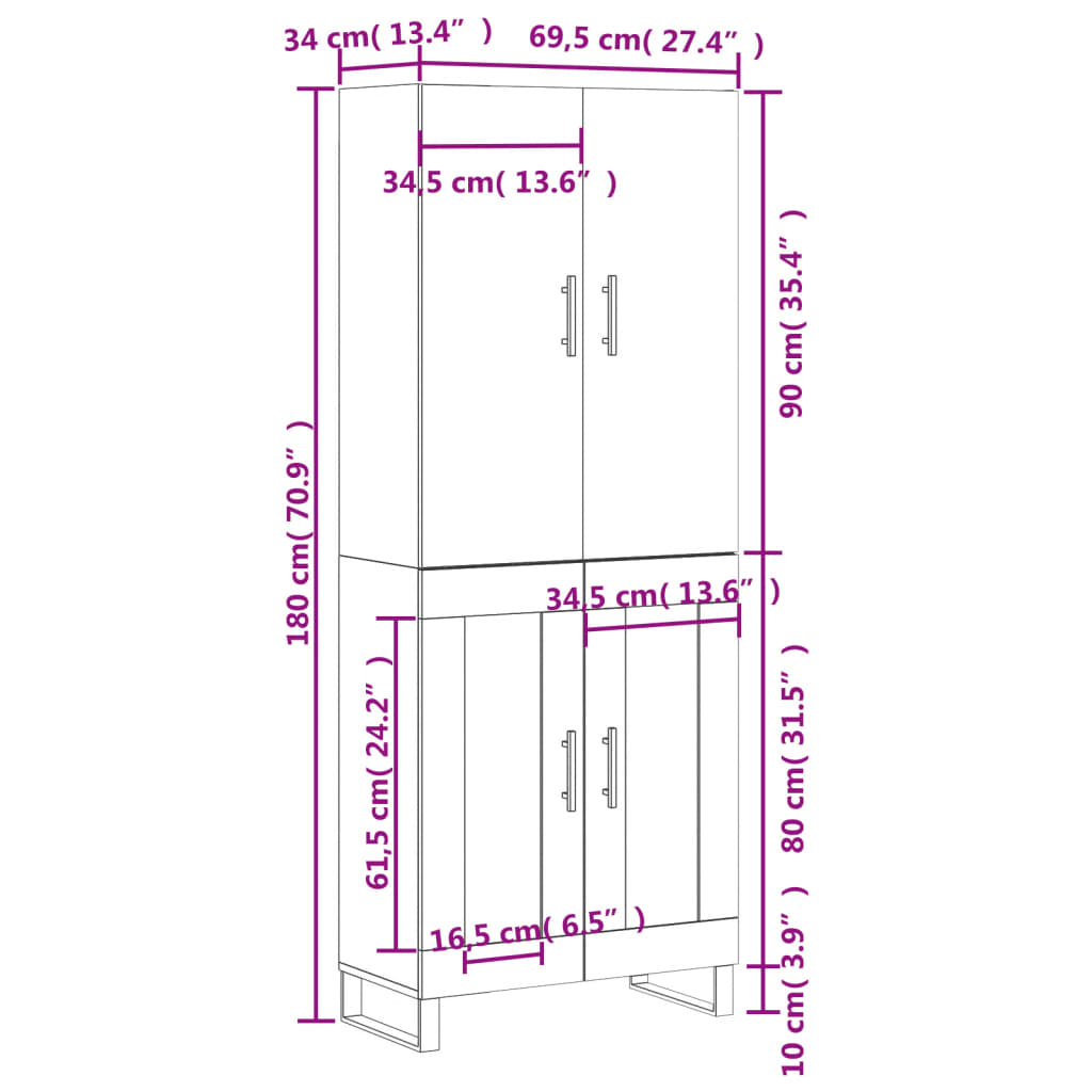 vidaXL Ντουλάπι Καφέ Δρυς 69,5 x 34 x 180 εκ. από Επεξεργασμένο Ξύλο