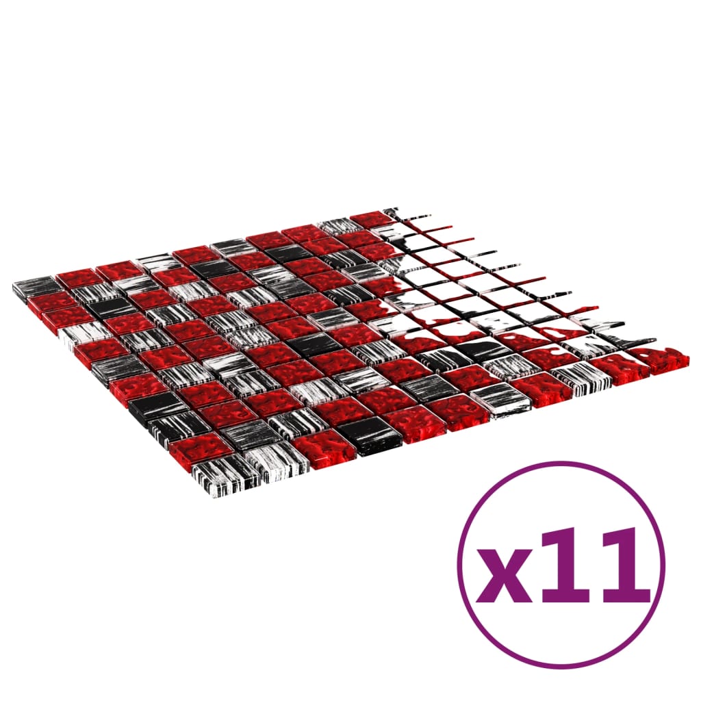 vidaXL Μωσαϊκά Πλακάκια 11 τεμ. Μαύρα / Κόκκινα 30 x 30 εκ. Γυάλινα