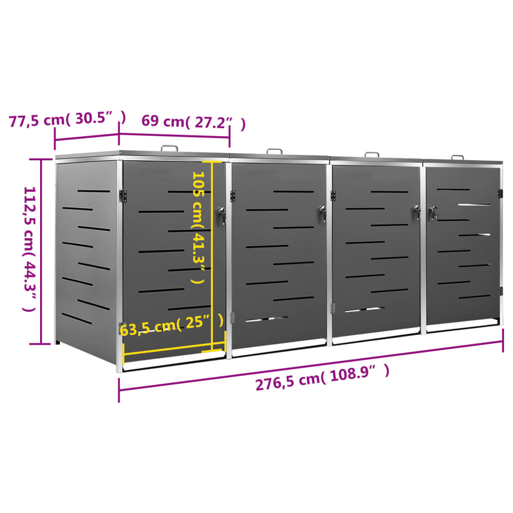 vidaXL Πλαίσιο Κάδου Απορρ. Τετραπλό Ρόδες 276,5x77,5x115,5εκ Αν. Ατσ.