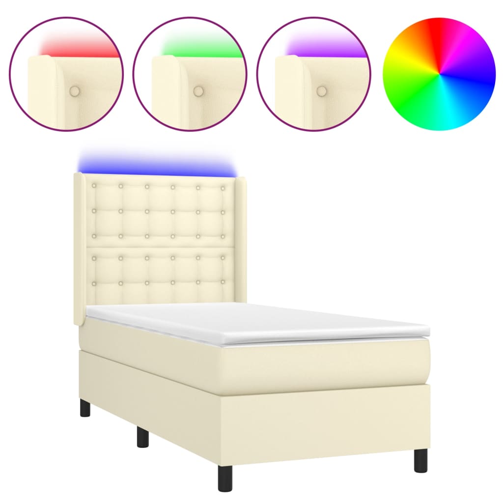 vidaXL Κρεβάτι Boxspring με Στρώμα & LED Κρεμ 100x200 εκ. Συνθ. Δέρμα